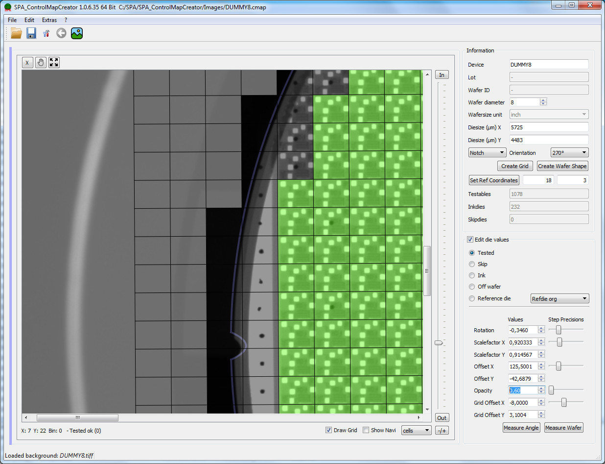 The purpose of the Wafer Map Creator is the fast wafer map creation based on a physical wafer picture