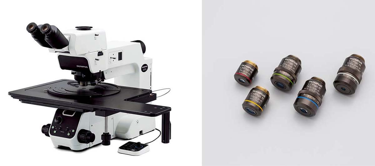 [Translate to EN:] MX Halbleiter-Inspektionsmikroskop von Olympus Europa mit modular integrierbaren Laserautofokus